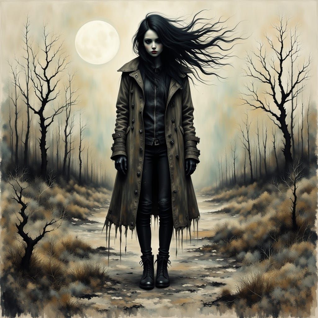 <lora:Moody Flux:1.0> A 8k, grungy, barren wasteland with a lone woman in a tattered, long coat. The woman has her face shrouded in a mix of...