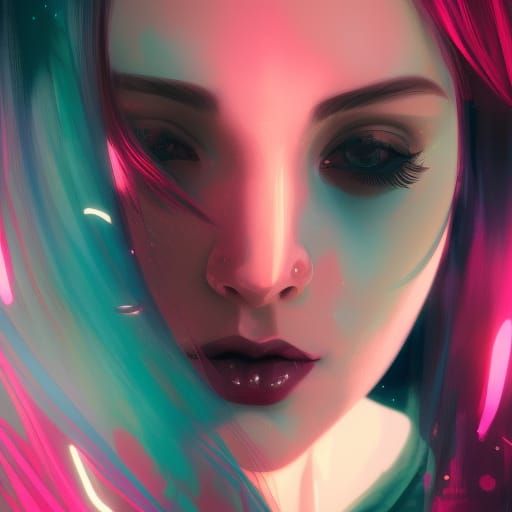 young woman, teal and black and magenta, soft lighting, eleg...