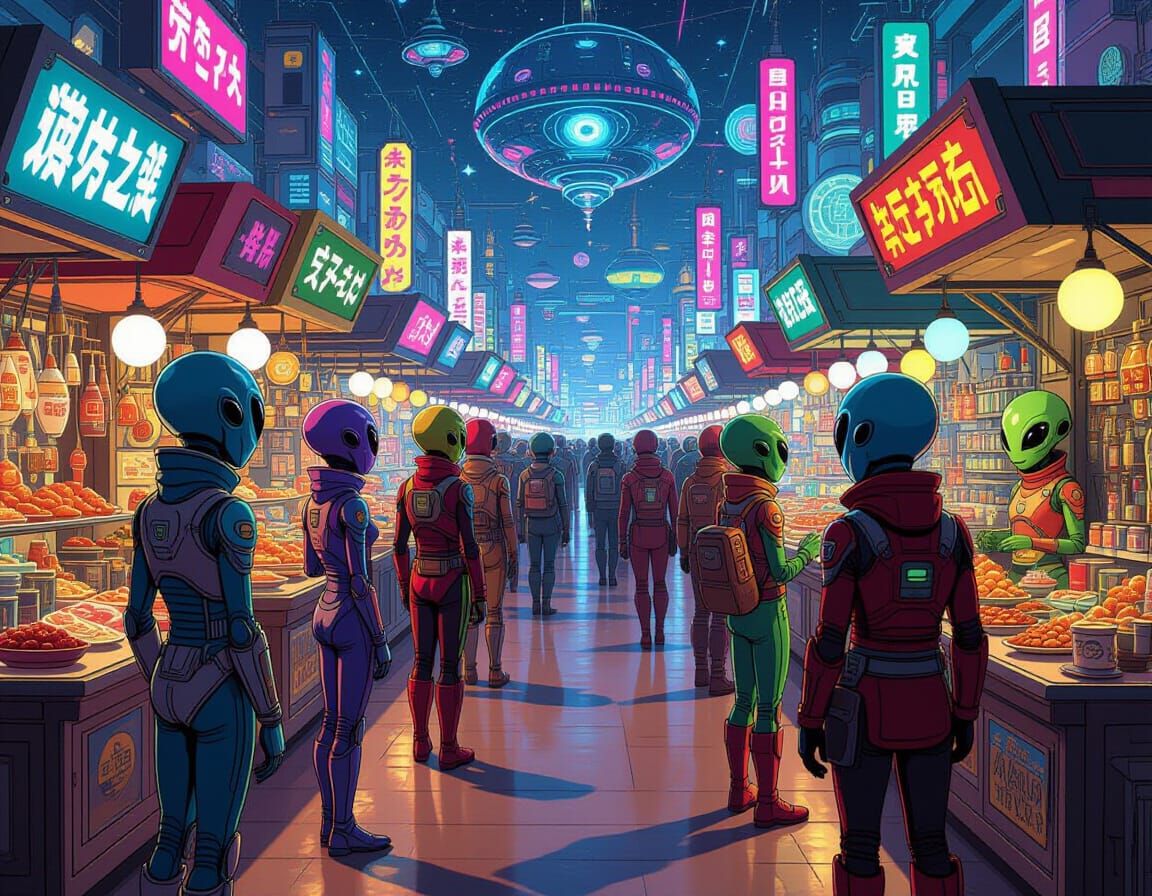 Инопланетяне прилетели на Галактическую ярмарку. они осматривают ряды прилавков с разными товарами: гаджеты. еда, предметы будущего