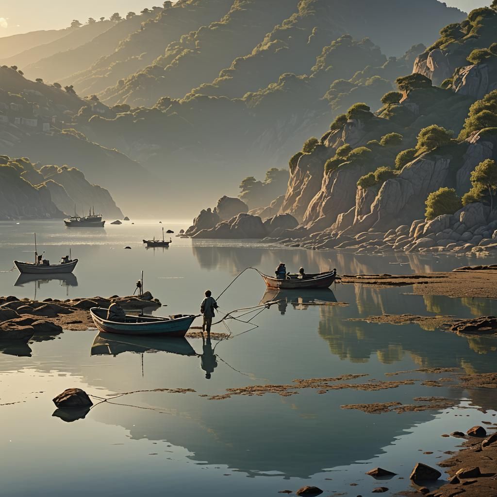 on a calm sunny day, at dawn in a quiet bay in the sea, a young boy is fishing with a small fishing boat and fishing nets.