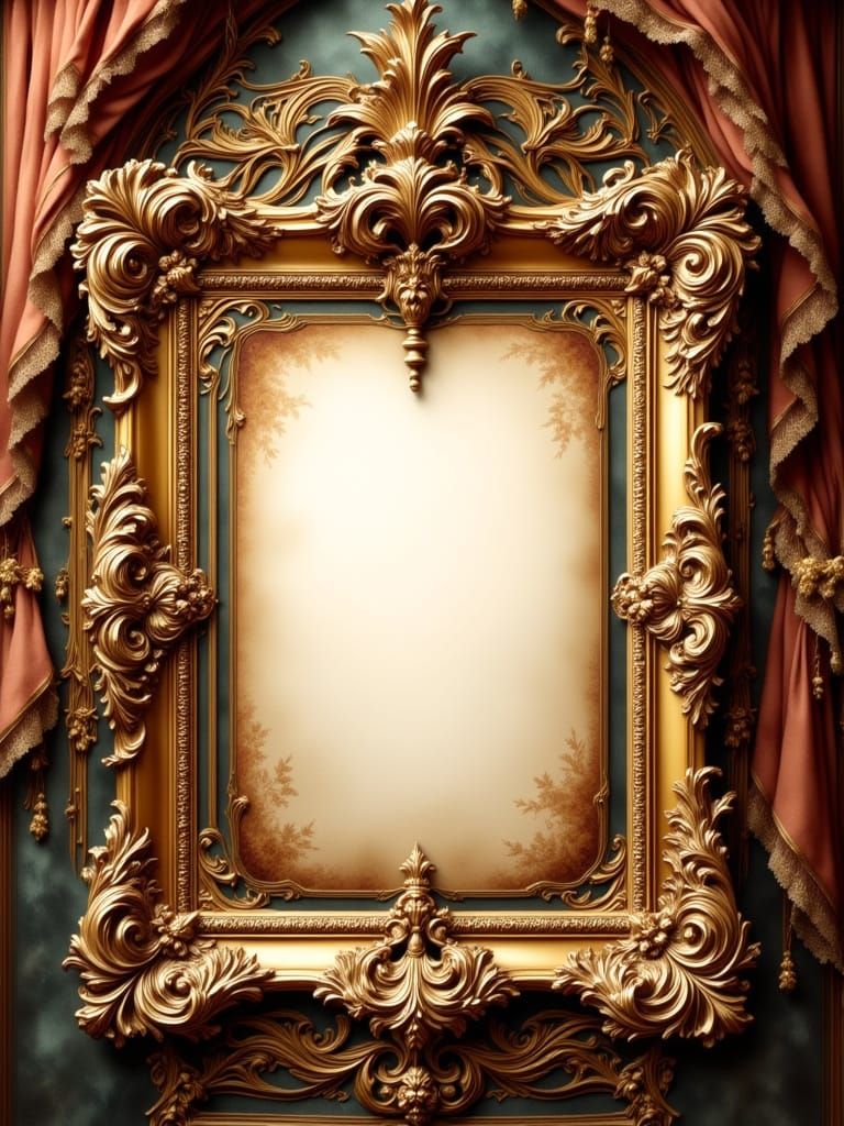 <lora:Antique Watercolor 2:1.0> מסגרת תמונה מלבנית גבוהה ומקומרת, עם דף ריק בצבע קרם מנומר בפנים, מגולפת ומעוטרת בסגנון לואי מפואר ובולט, עו...