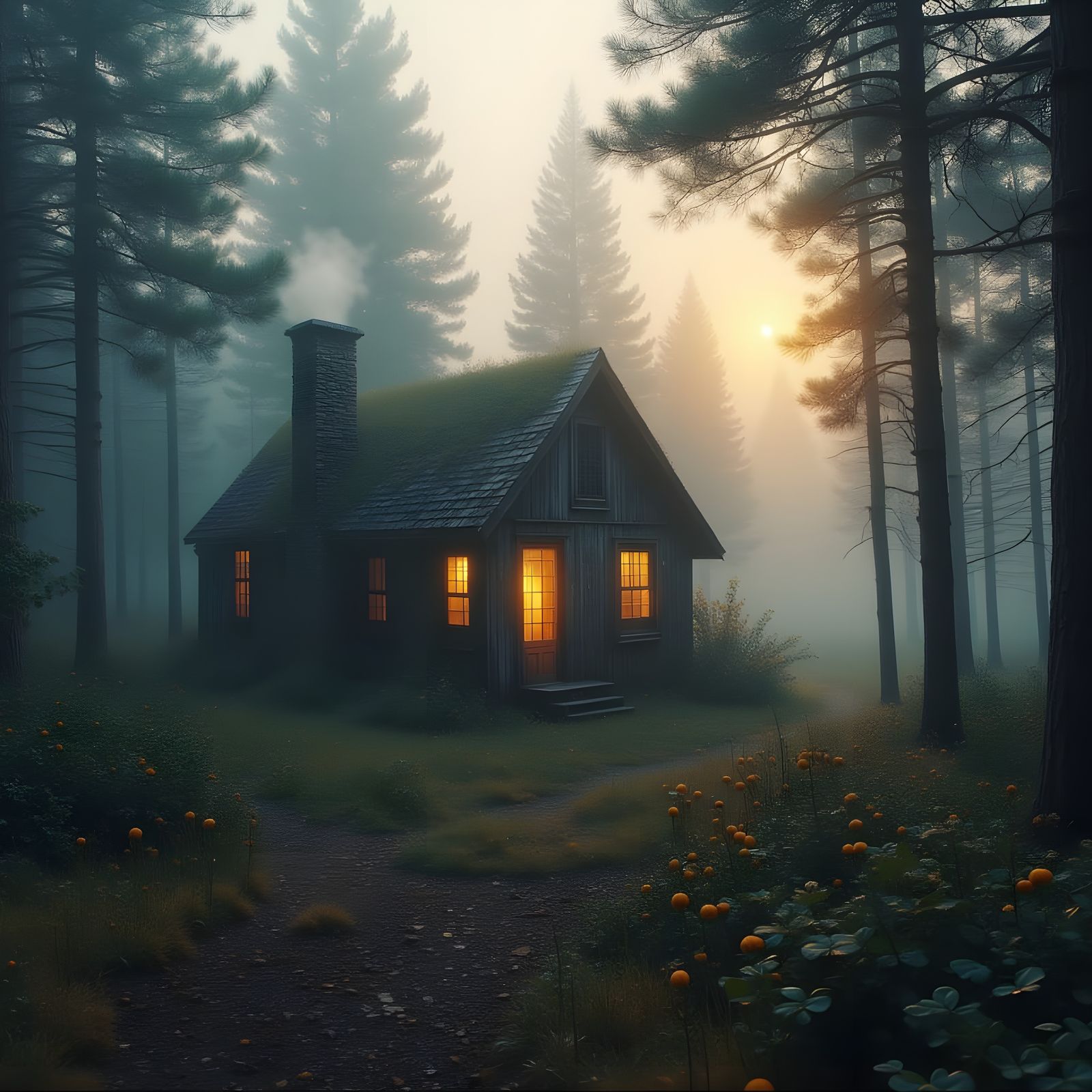 A tiny, weathered wooden cabin nestled in a pine forest at dawn. Thick, gentle ...  by @dave-be