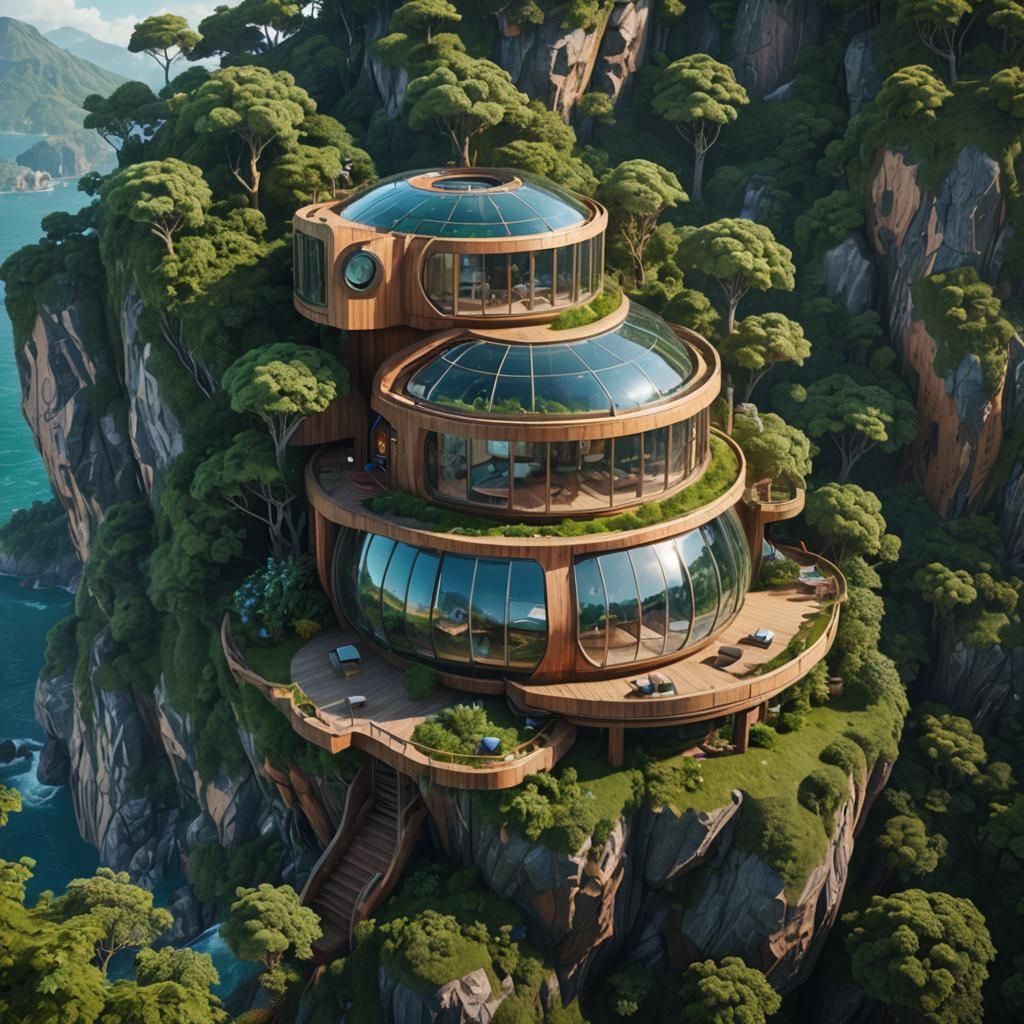 A round and large futuristic house made of wood and glass, o...