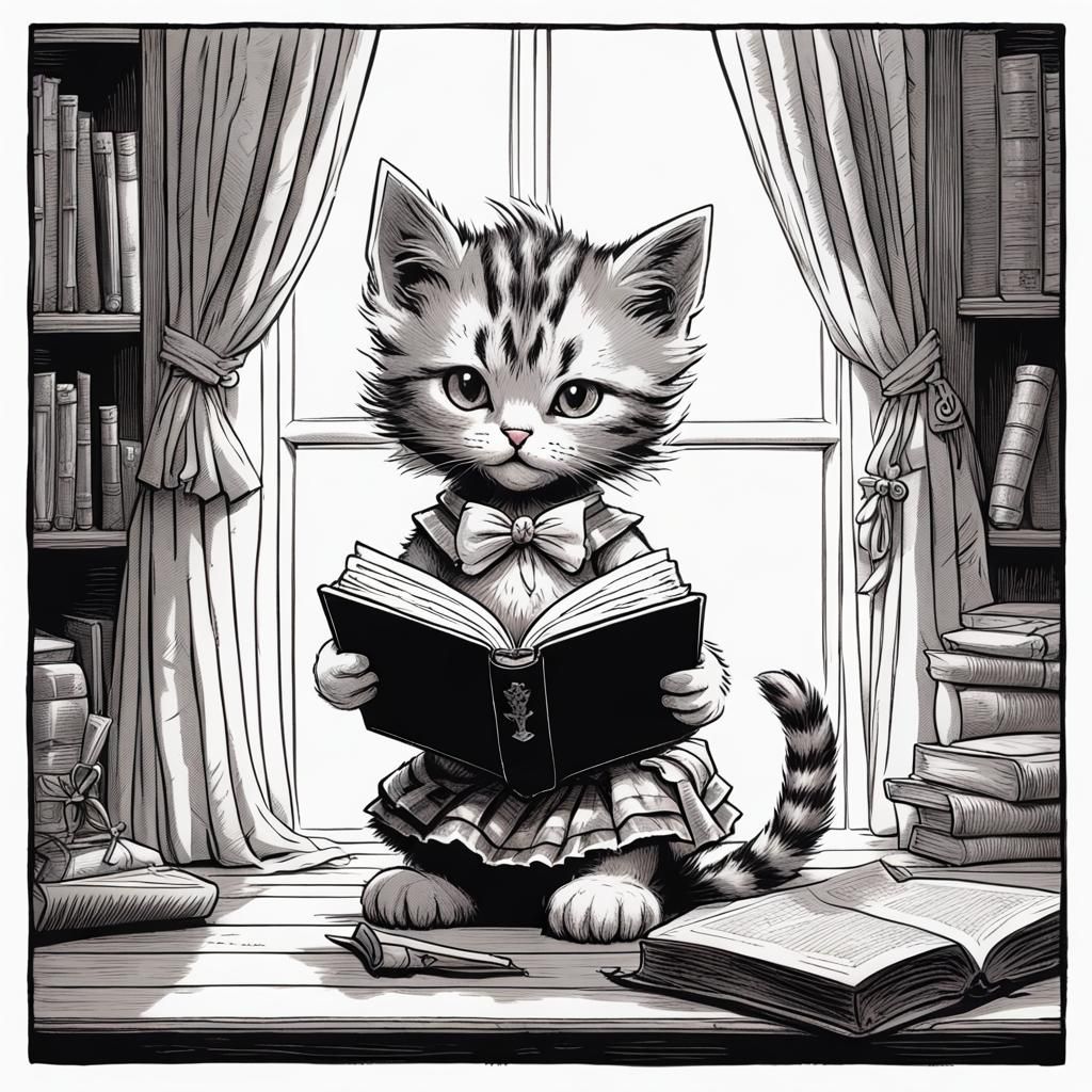 Style of Tenniel, black and white drawing of a tabby kitten ...