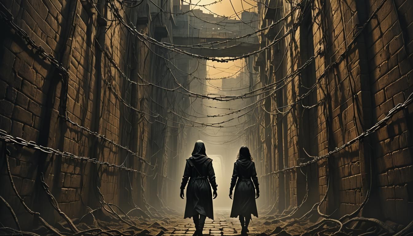 Imane Khelif walking through a shadowy maze of walls with ba...