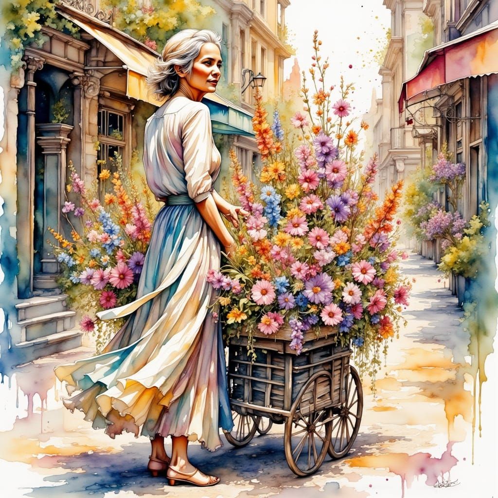 Elegant Lady Surrounded by Vibrant Blooms in a Whimsical Wat...