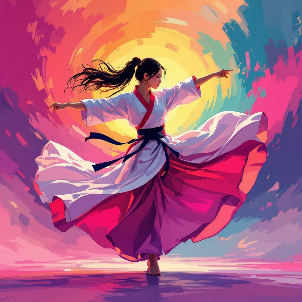 Dynamic Asian Woman Practicing Taekwondo