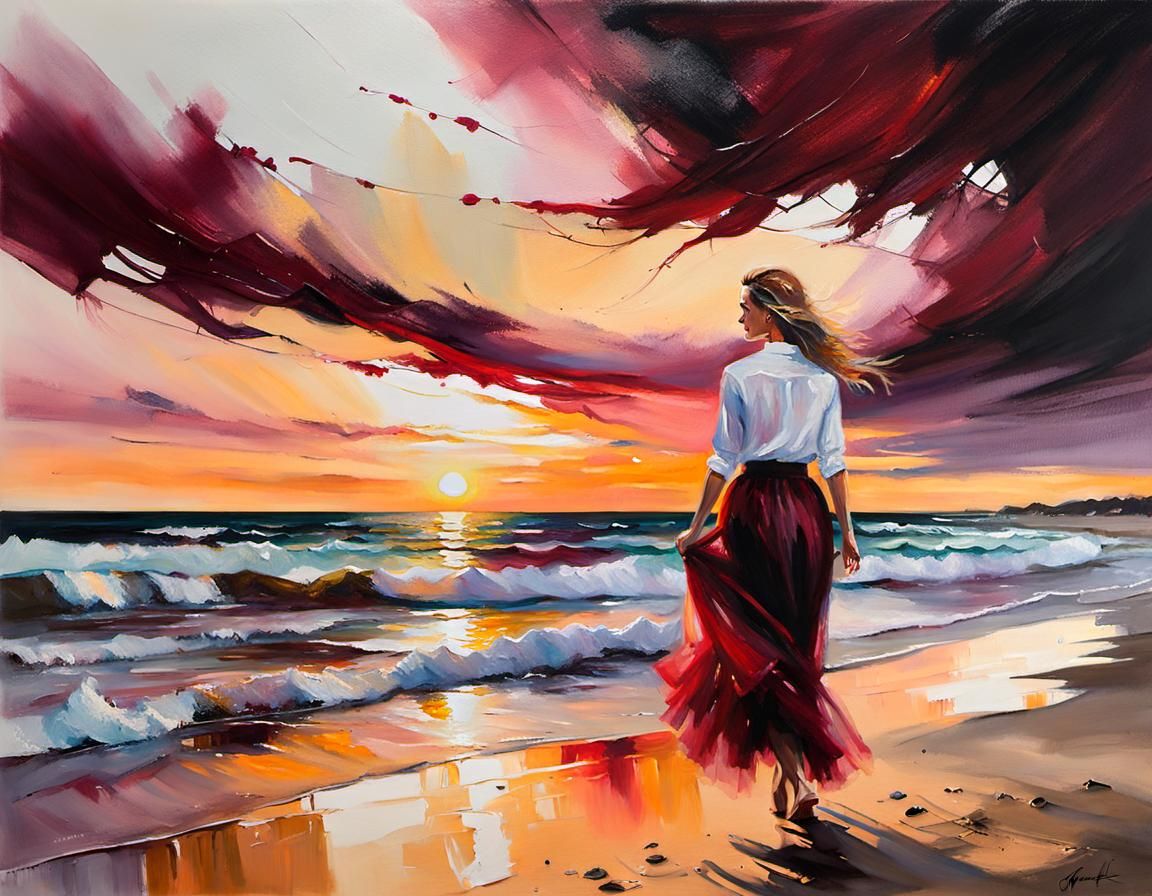 Oil gouache melting painting of Baltic Sea beach sunset  by @Fokje