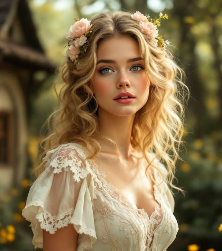 Oil painting of a 20-year-old woman with blonde hair styled in wavey curls adorned with delicate pink floral embellishme...