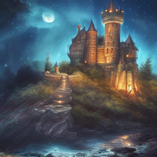 A realistic castle on a steep rocky cliff overlooking a dark...