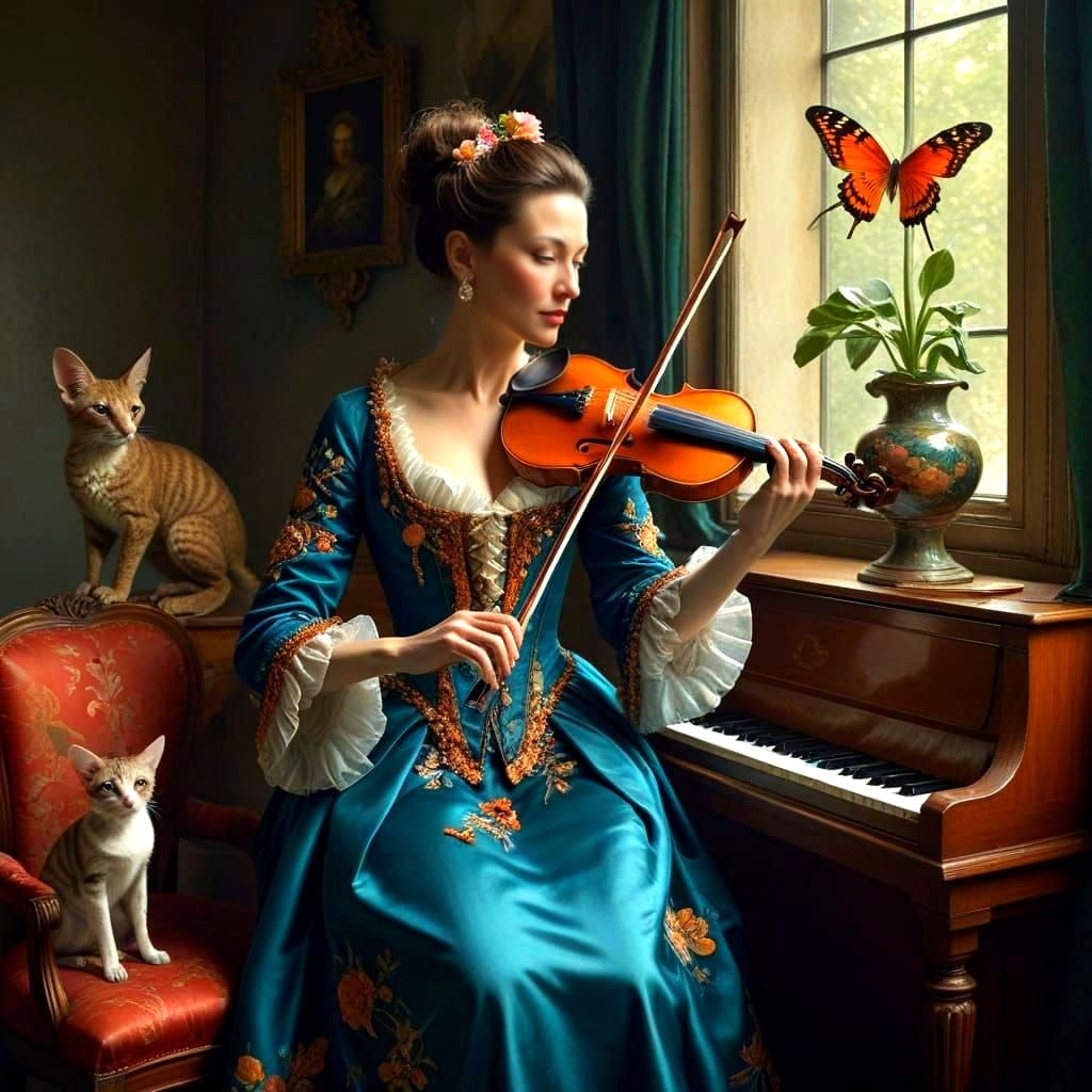 Surrealistic Portrait of a Happy Lady Playing Violin in a Fa...