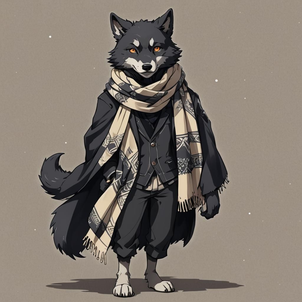 A full body
cartoon drawing of a black anthropomorphic wolf ...