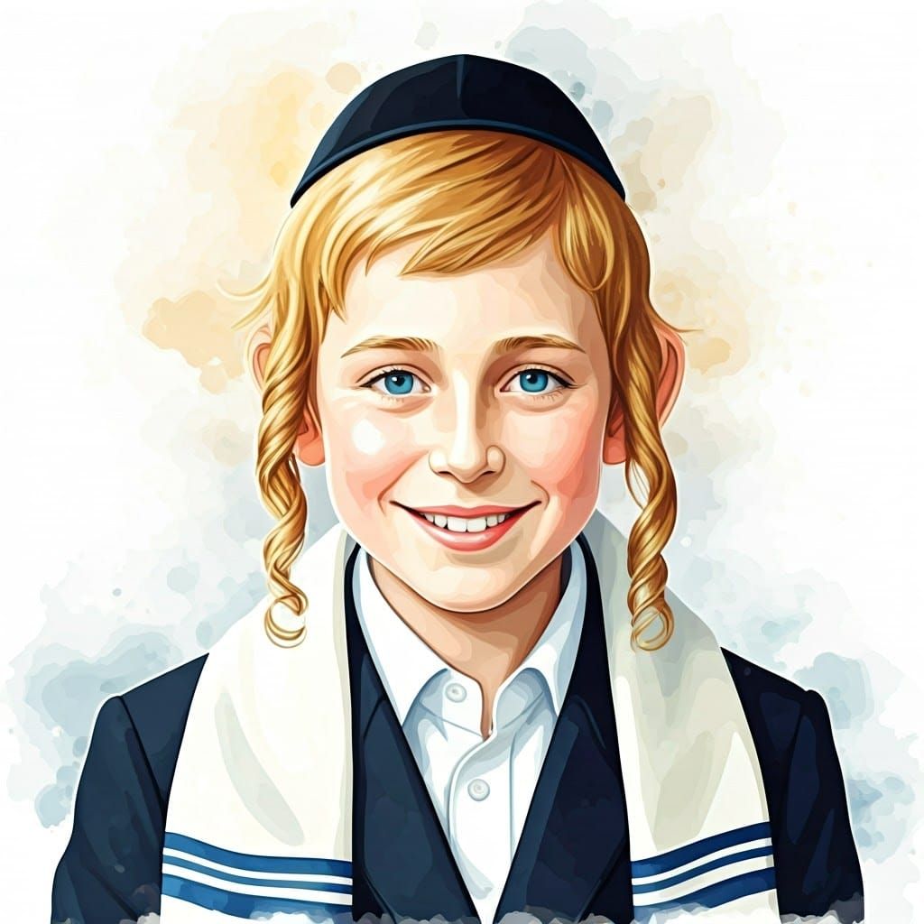 Joyful Orthodox Jewish Boy in Traditional Attire, Gouache Pa...