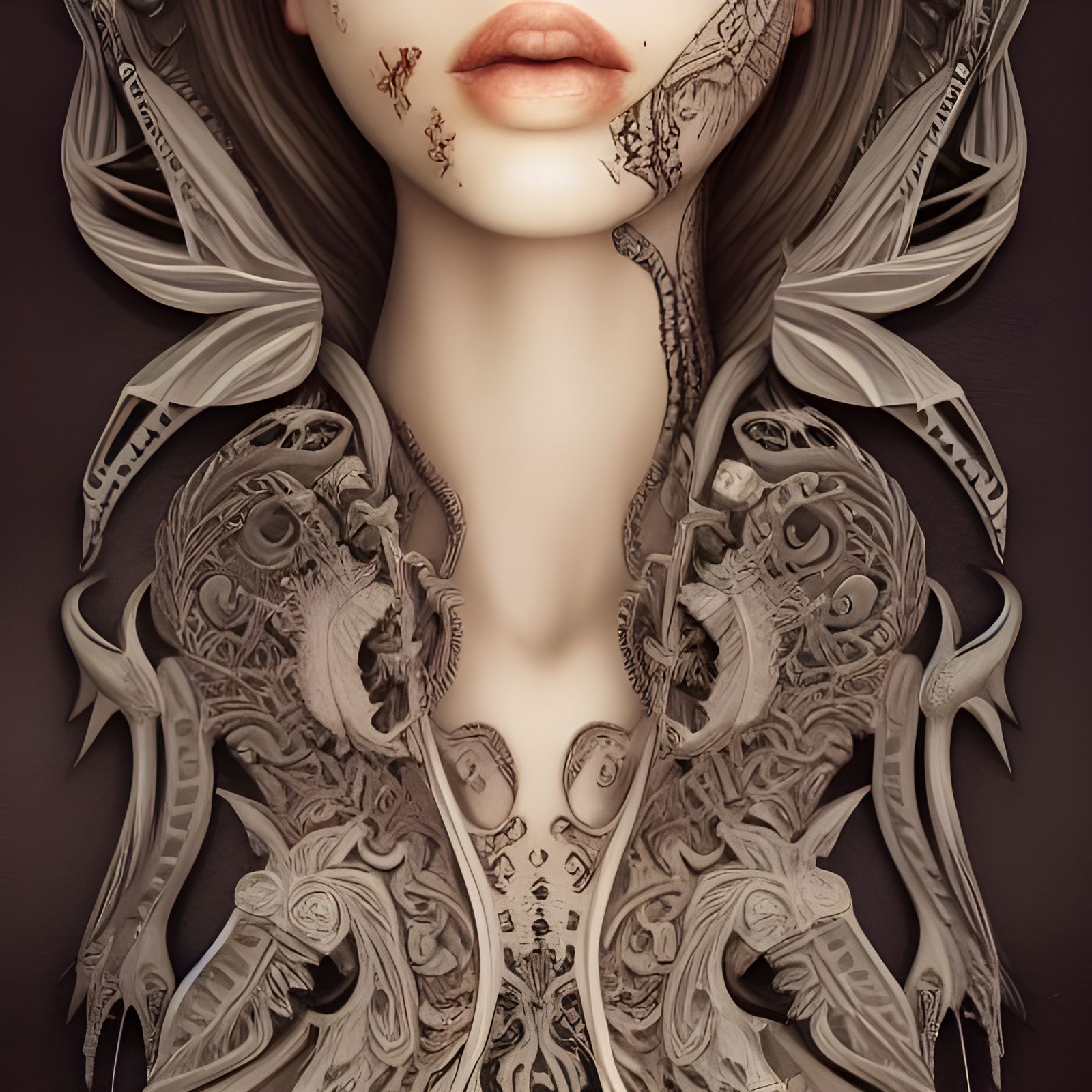 Intricate Ivory Tattooed Mythical Creature: Digital Art