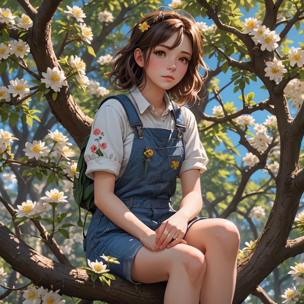 Teenage girl sitting in a tree in overalls. She has brown ha...