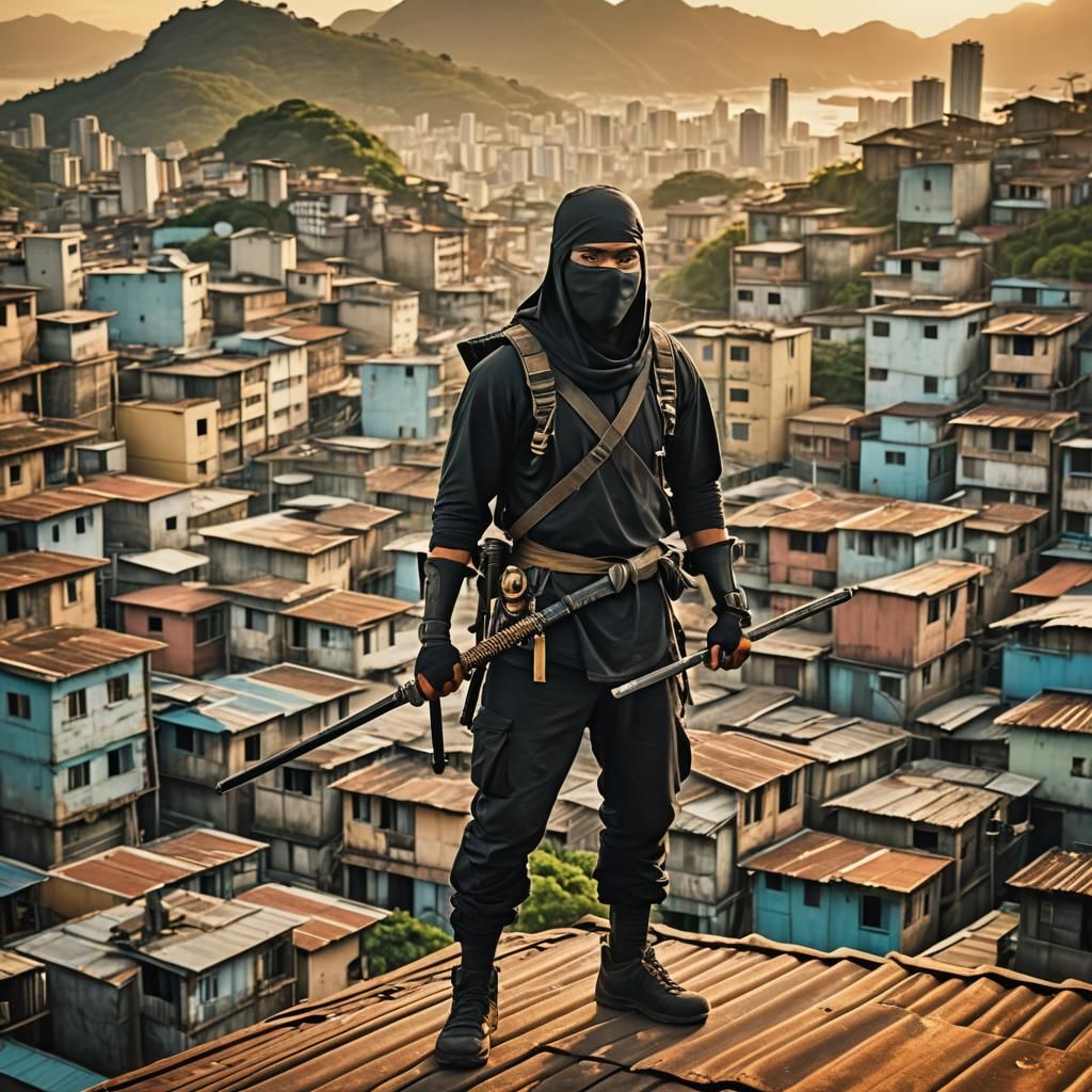 ninja with double rod, favela in rio de janeiro, Cinematic f...