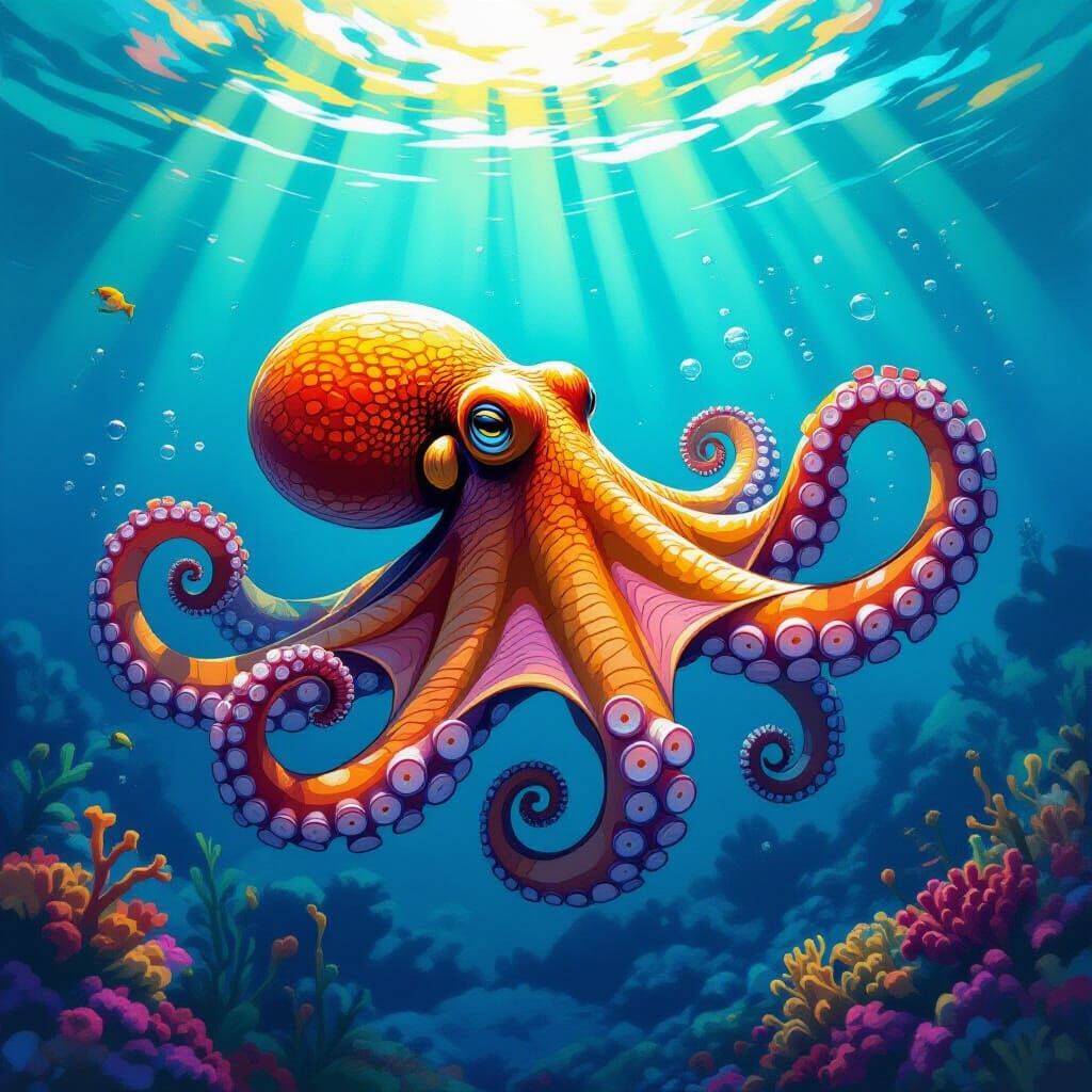 Vibrant Octopus in Colorful Ocean, Digital Art
