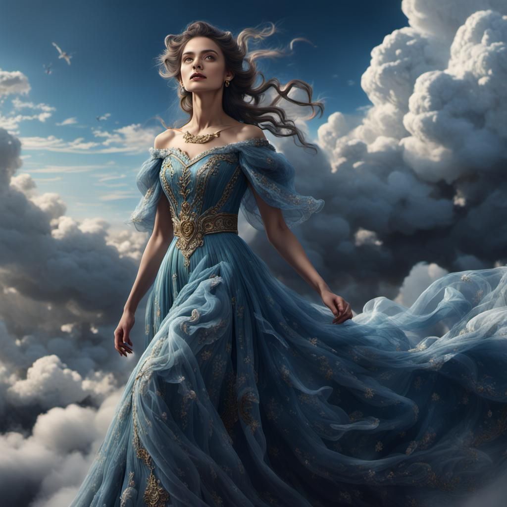 "a beautiful woman, in the clouds"