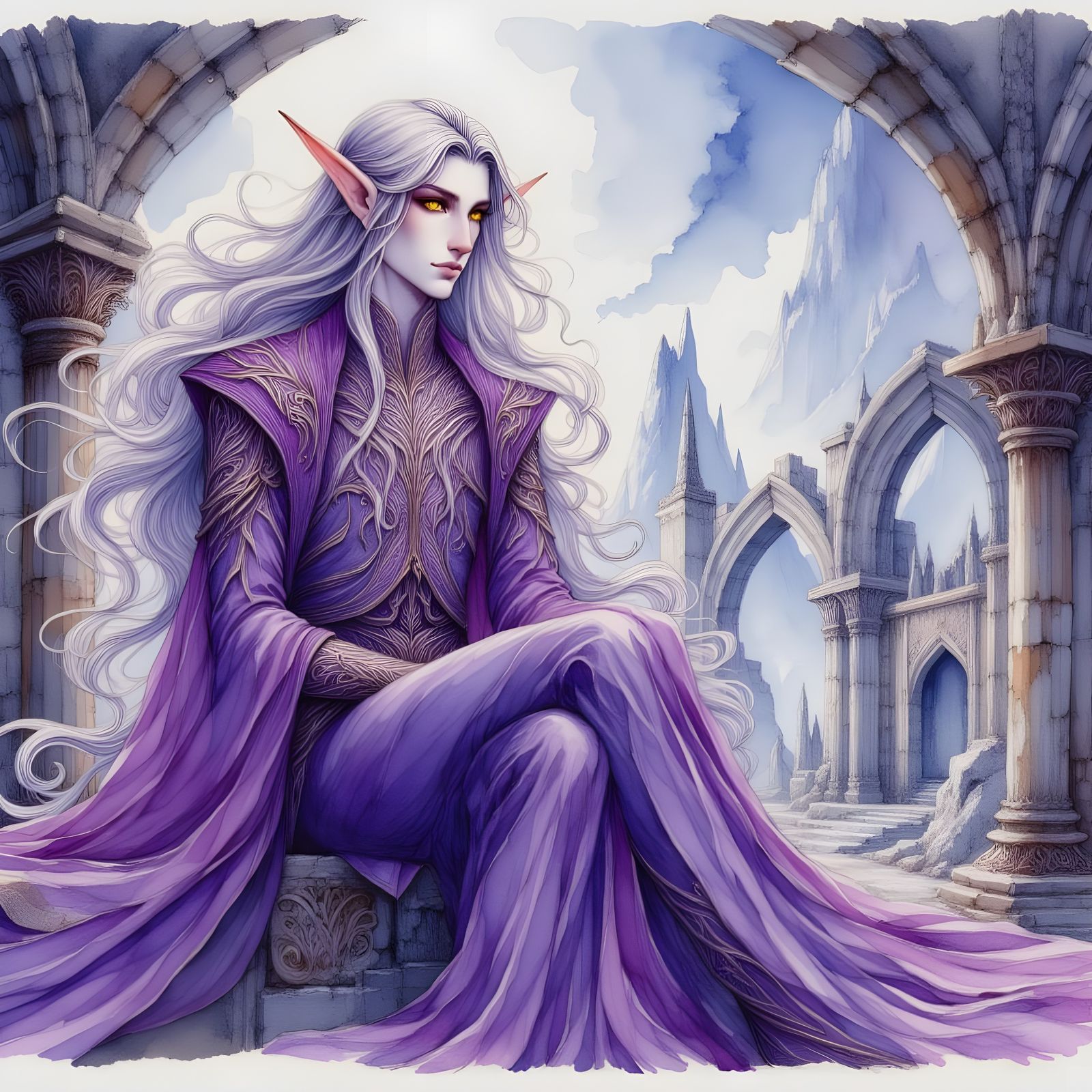 <lora:ElvenRuins:1.0> watercolor and ink painting of a purple male elf with long flowing silver hair and yellow eyes, in elven attire, sitti...