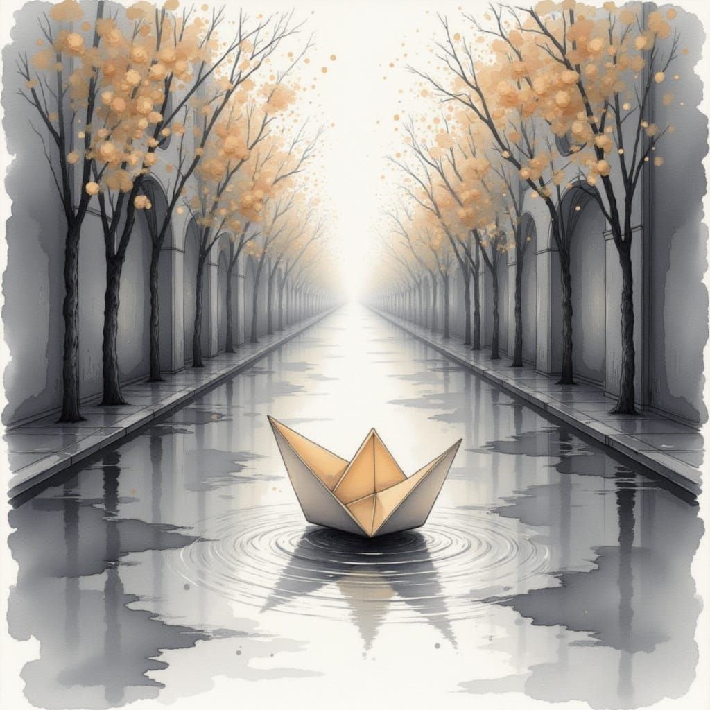A paper boat floating down a rain-soaked street, soft washes of gray and ochre, subtle splatter effects, delicate line highlights, reflectiv...