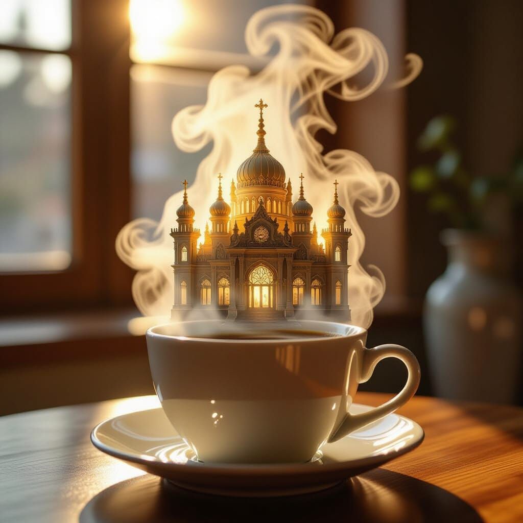 Ornate Palace Forms in Coffee Steam, Hyperrealistic Style