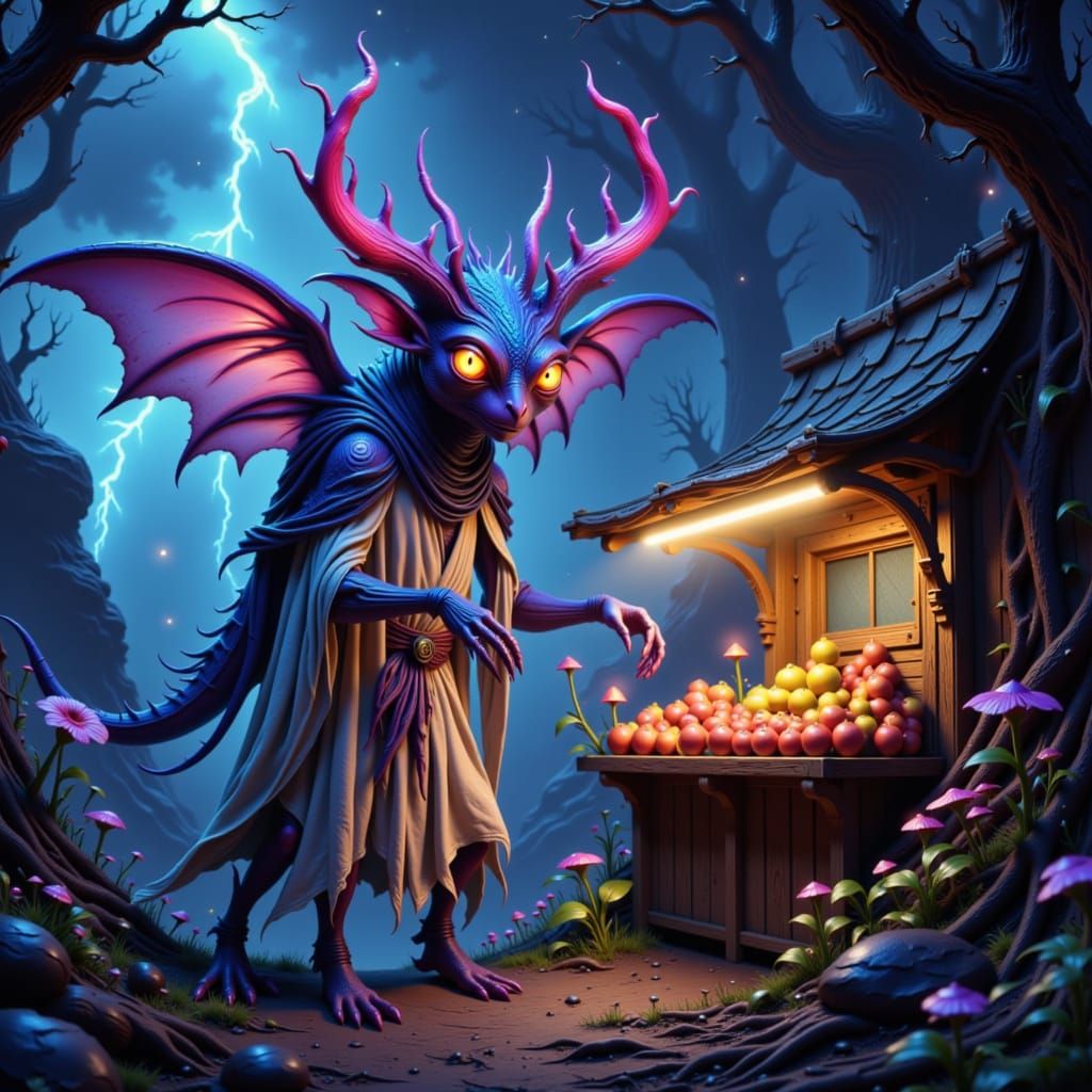 Digital art. Medium shot. An alien creature with bioluminescent skin tending to glowing, otherworldly fruits at a roadside stand on a distan...