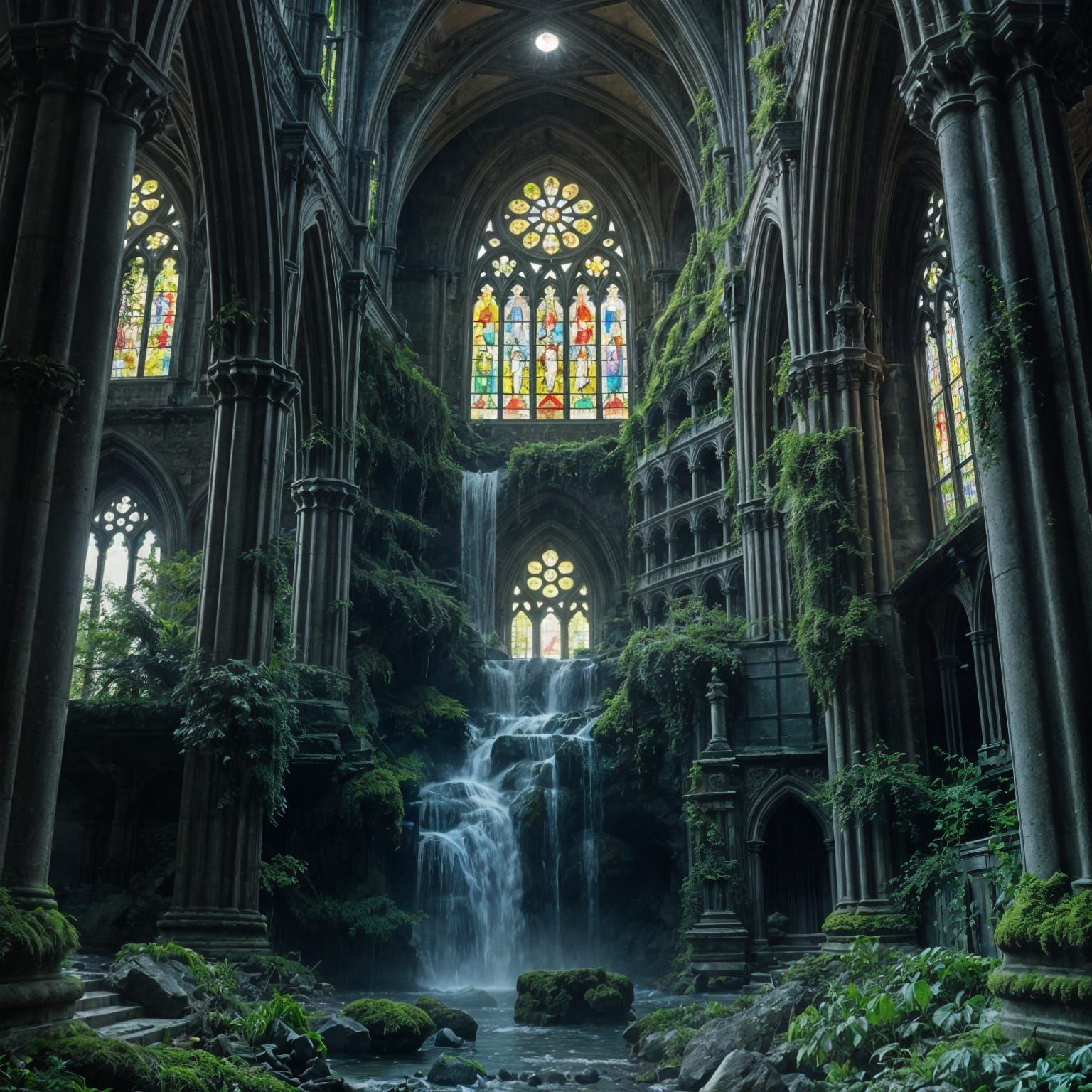 A hidden waterfall inside a grand abandoned cathedral, overgrown with moss and ivy, light filtering through ...  by @Romena Yeasmin