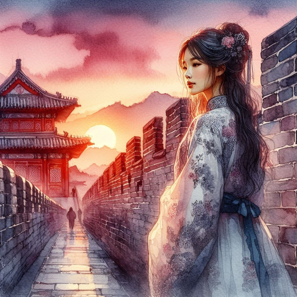 Stunning watercolor painting, Young Asian Woman on the chineese wall