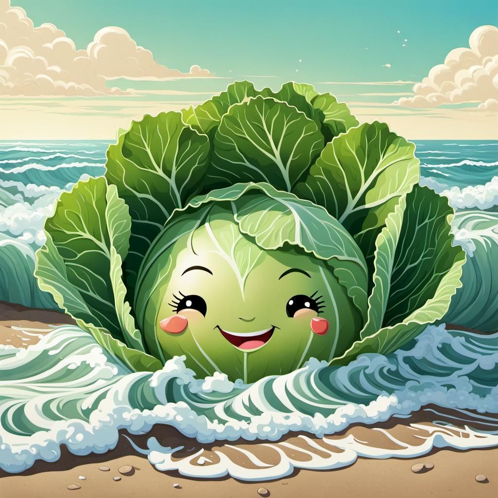 Chibi cabbage on the beach  by @Gokiburi
