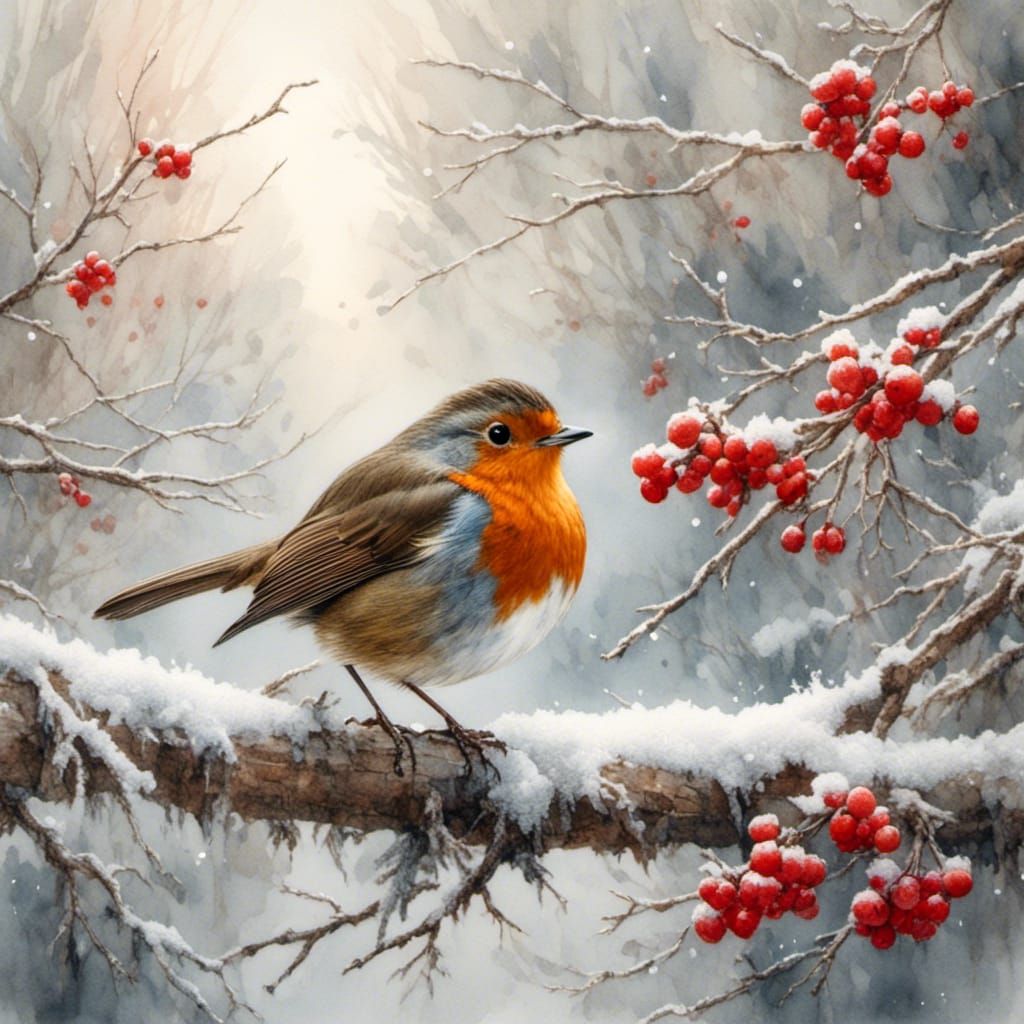 A beautiful winter scene featuring a robin, perched on a snow-covered branch. 