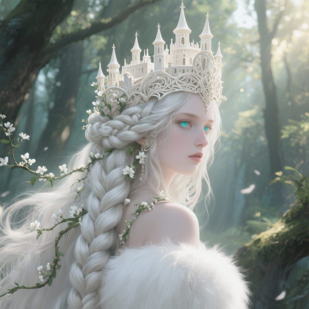 A hyper-detailed digital painting of an ethereal forest queen. Her most striking feature is an intricate ivory castle headdress, a miniature...