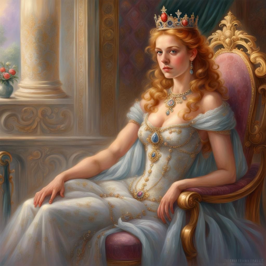 Woman sitting on a throne, wearing a crown, brown eyes, stra...