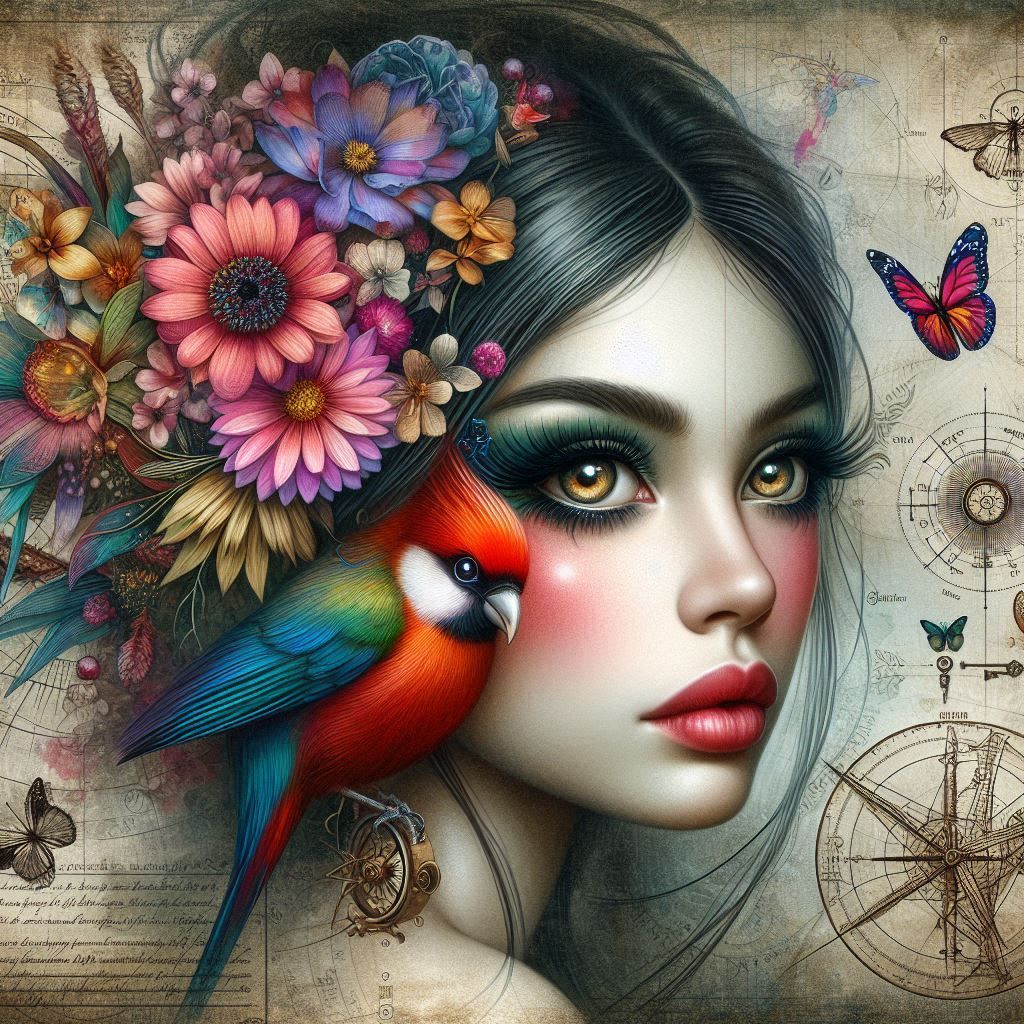 Portrait of a bird with a woman