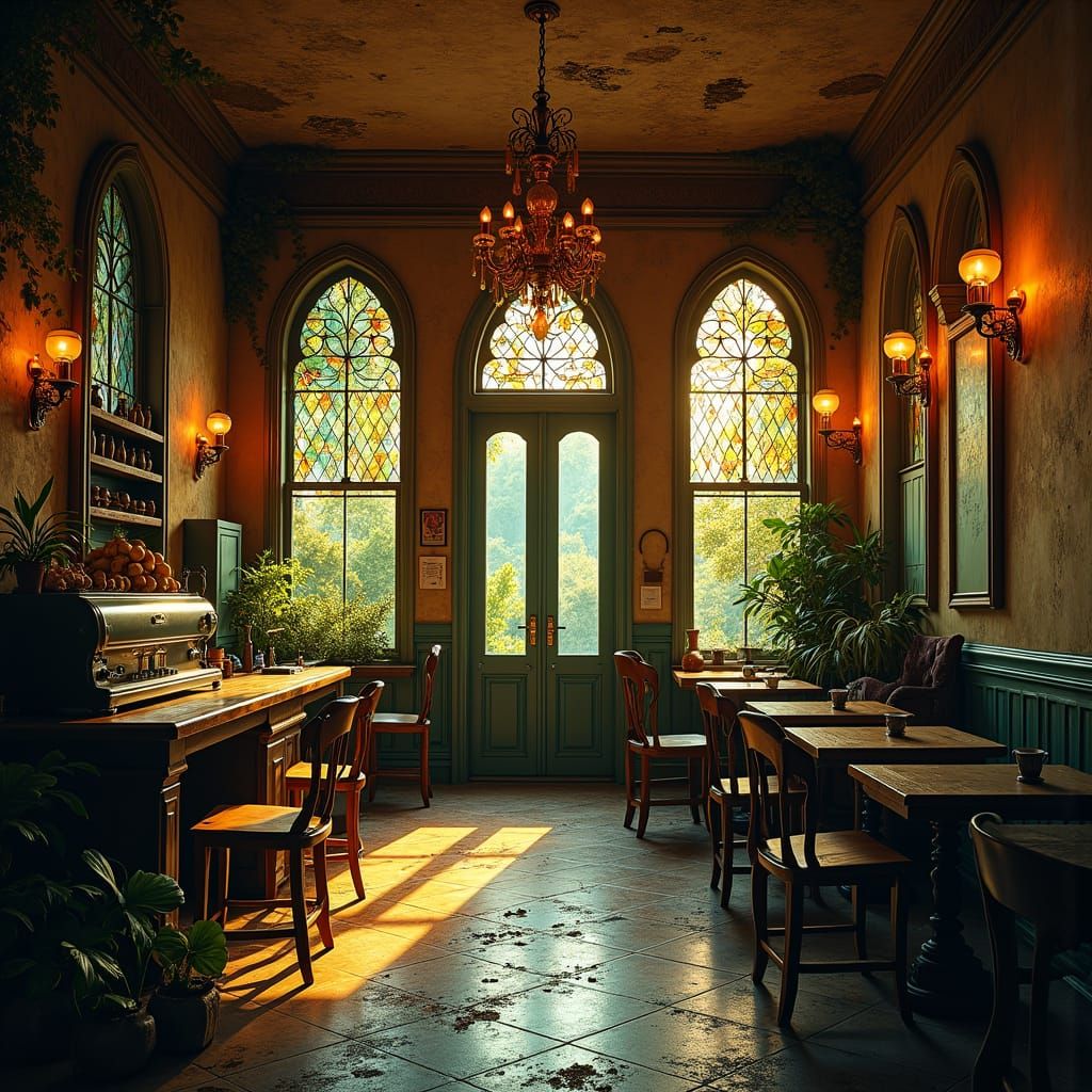 Dilapidated Coffee Shop with Golden Light