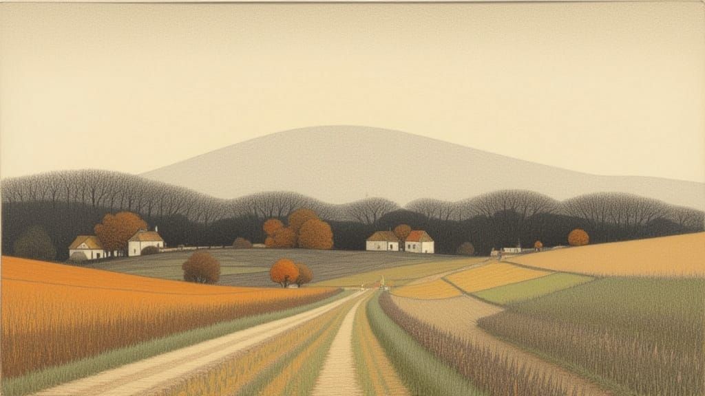 First Snow on Farmhouse Landscape Etching