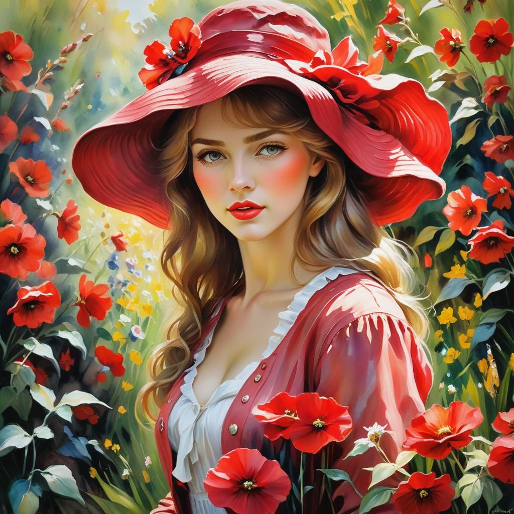 Woman in Floral Garden: Impressionist Impasto Oil Painting