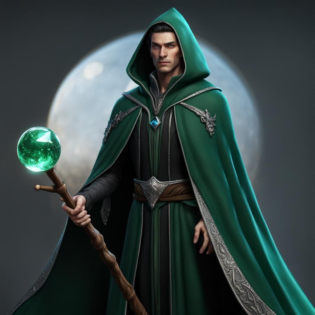 30 year old Elf Male Wizard blue eyes black hair Emerald Green robes ...