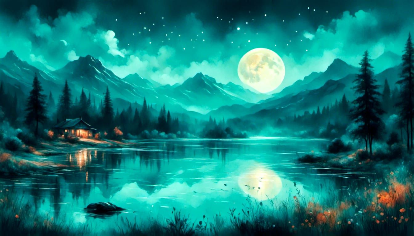 <lora:Charcoal art:1.0> <lora:Water color:1.0> <lora:melancholy:1.0> midnight lake view.