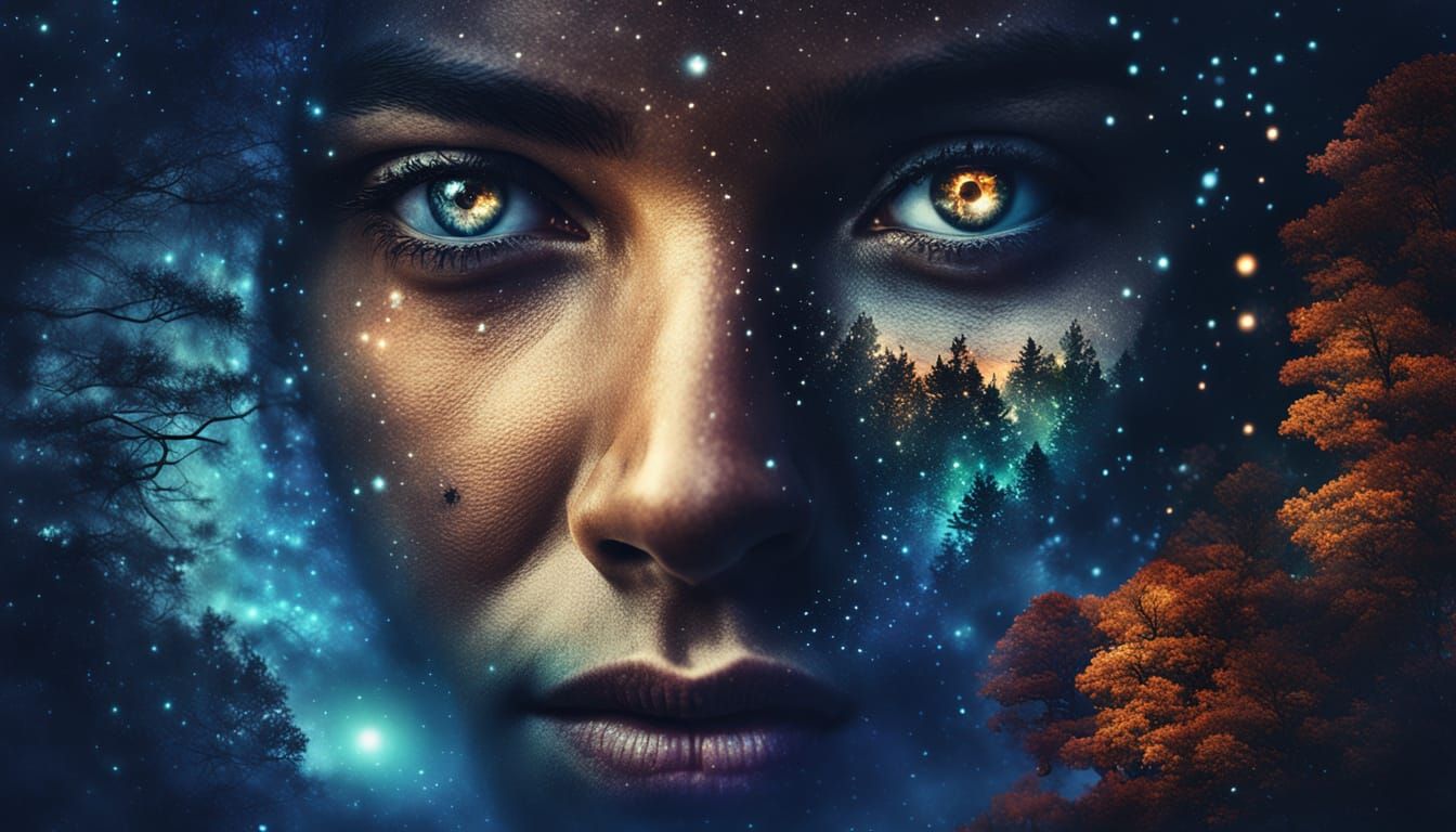 A person’s face silhouette divided into parts, showing a forest, ocean, with background of a starry sky. ...  by @JesnaSajan
