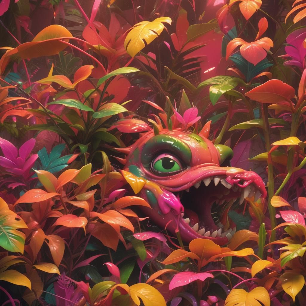 Hyper-realistic, mid shot. Cannibal plant eating its prey in...