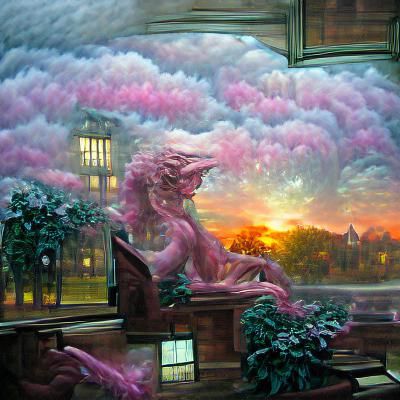 dragon library pink sunset outside windows