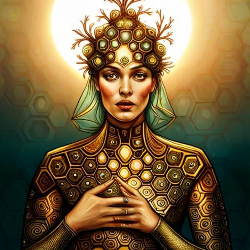 Mysterious woman wearing a honeycomb hexagonal bee crown and...