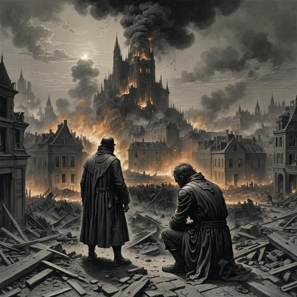 A half cyborg man on his knees watching in shock and horror as a city burns down in front of him.