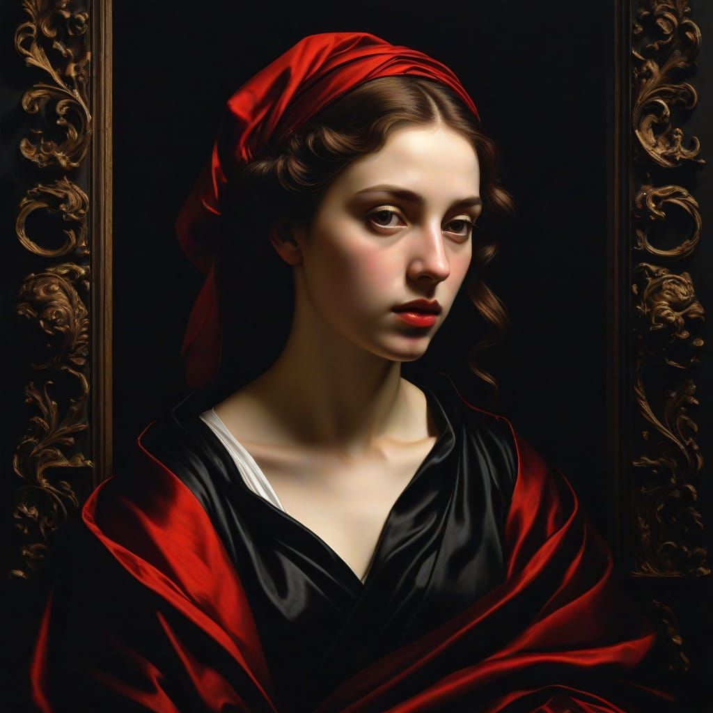 Dark Baroque Confusion, Tenebrism, chiaroscuro, Caravaggio, scarlet, vivid, bold, masterpiece 