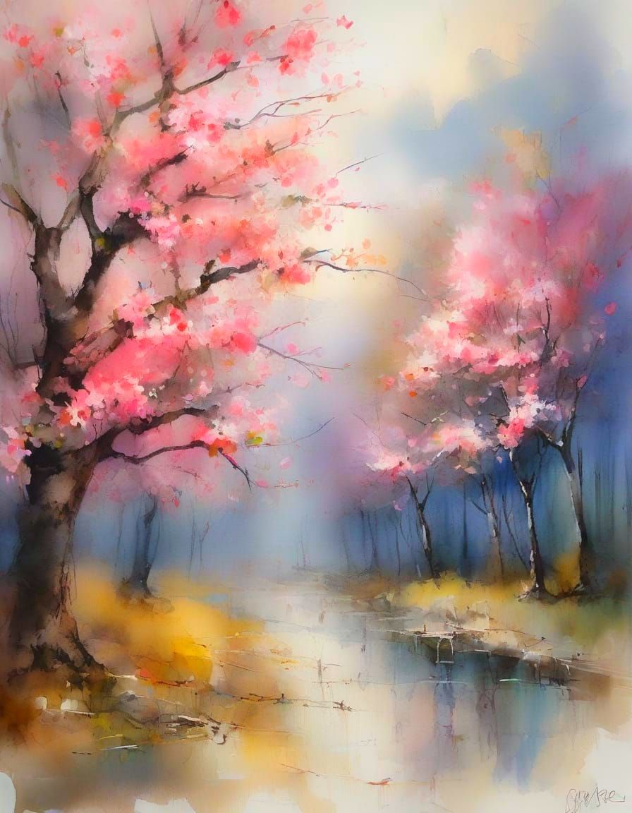 Cherry blossom trees along quiet path in spring dusk  by @Kosh