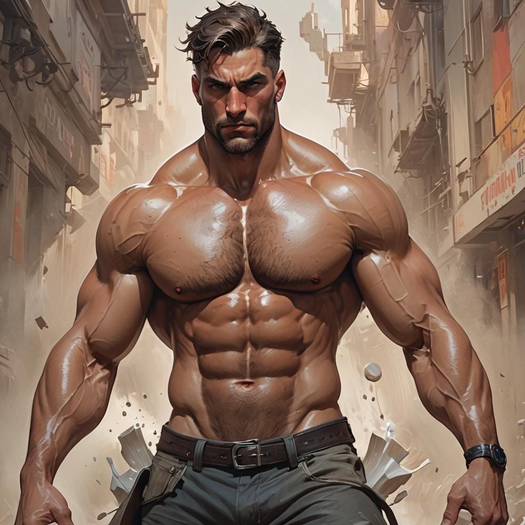 a buff shirtless guy with very extremely humongous big bulge and milk in  his lower waist and abs - AI Generated Artwork - NightCafe Creator