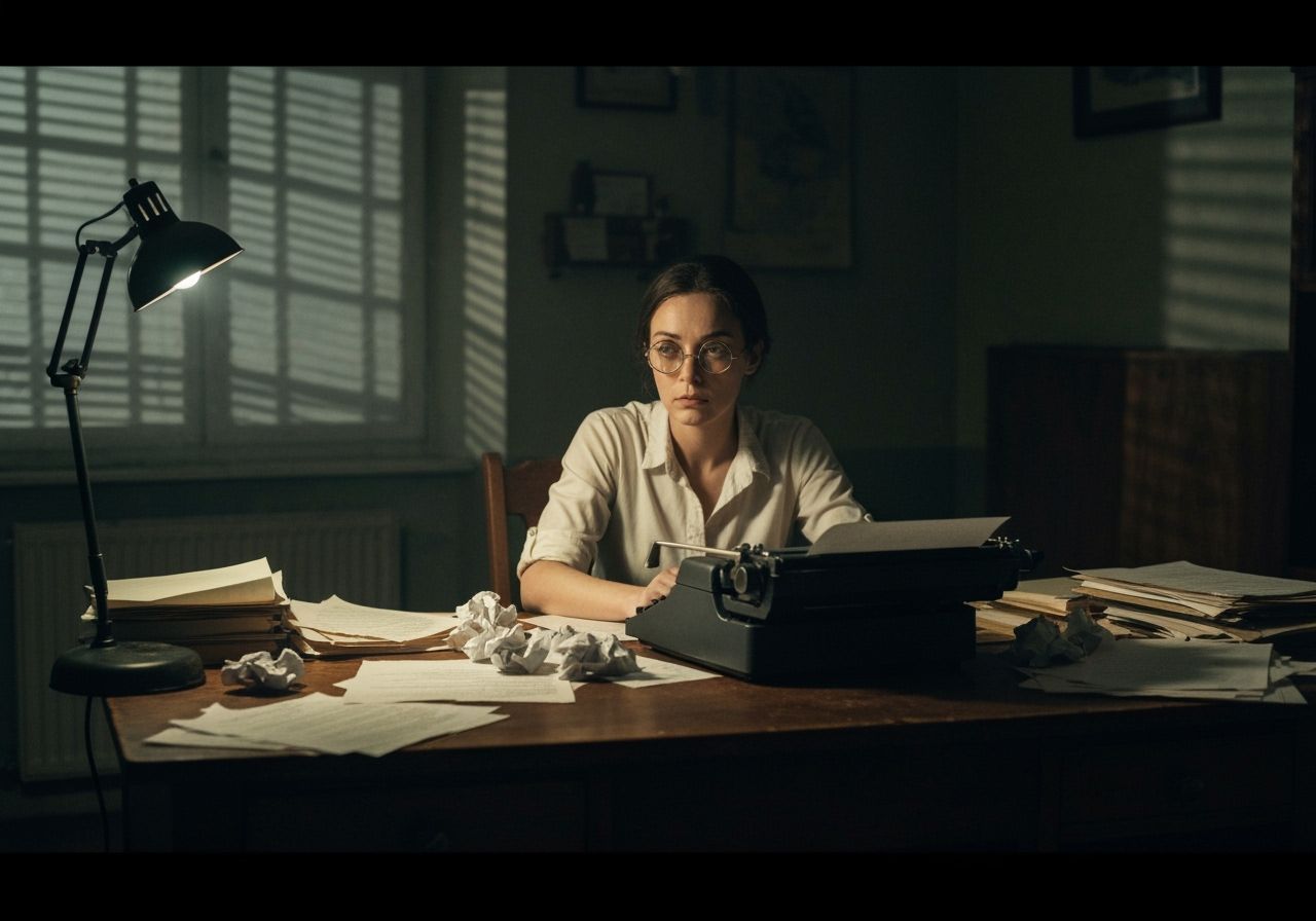 Moody film still of author with writer’s block  by @VolcanoKatze