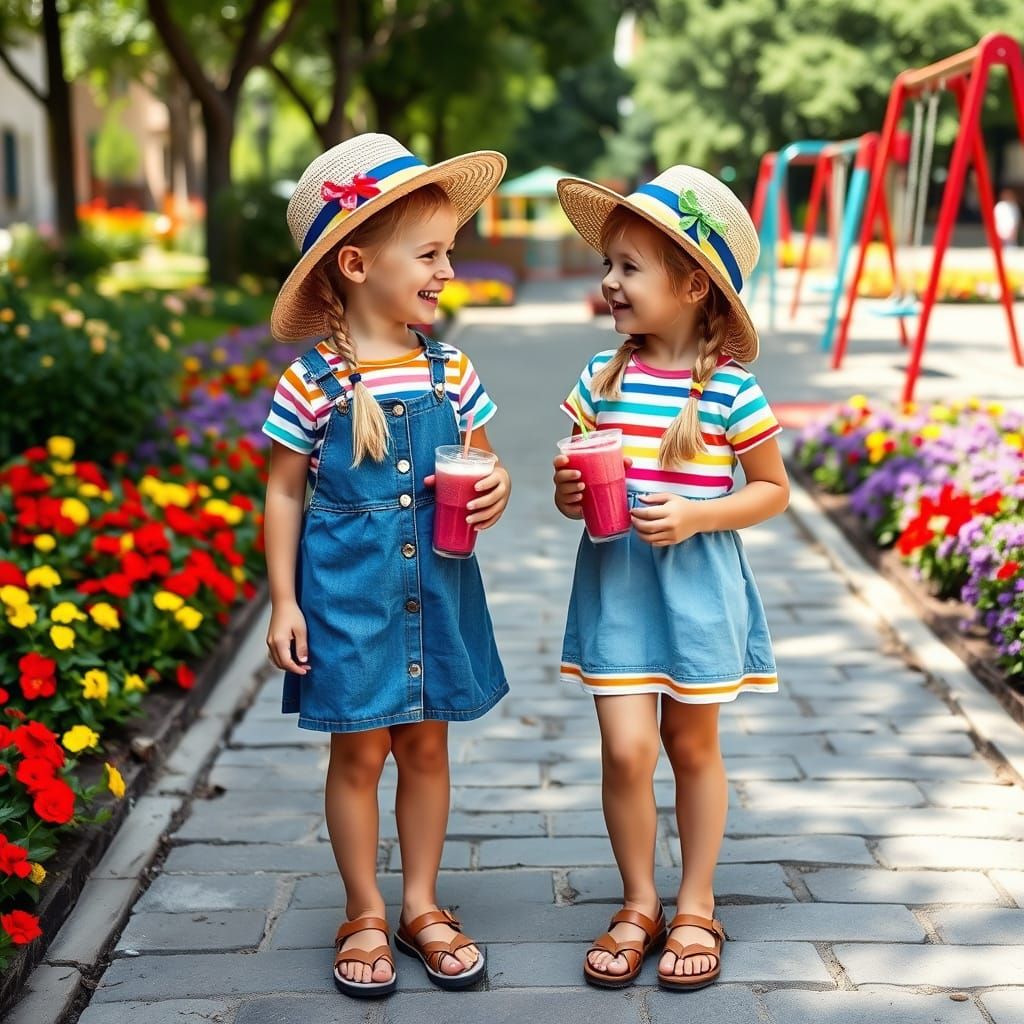 Twin Girls Share a Secret in Sunny Garden
