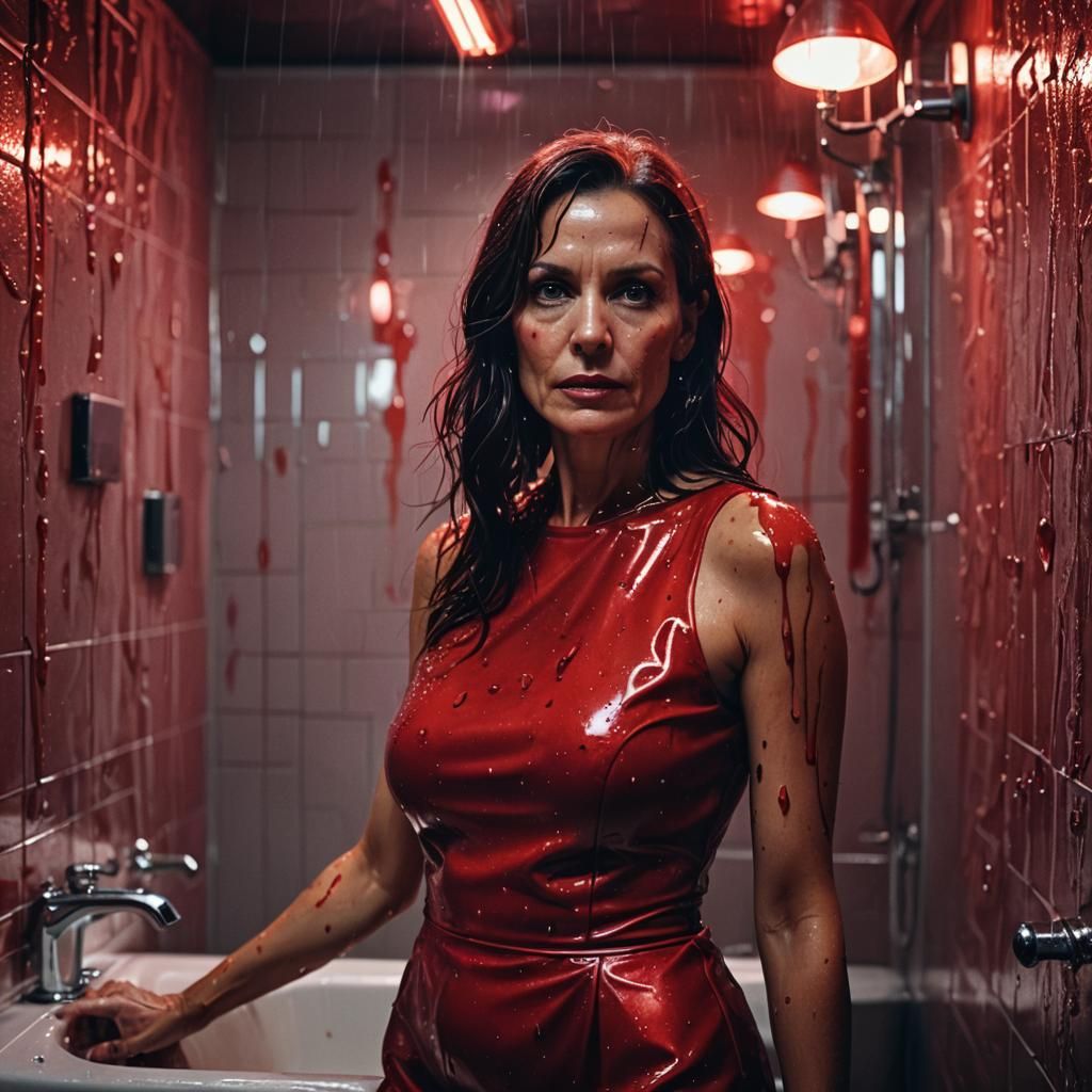 blonde ponytail 40 year old red pvc dress bathroom looking into camera