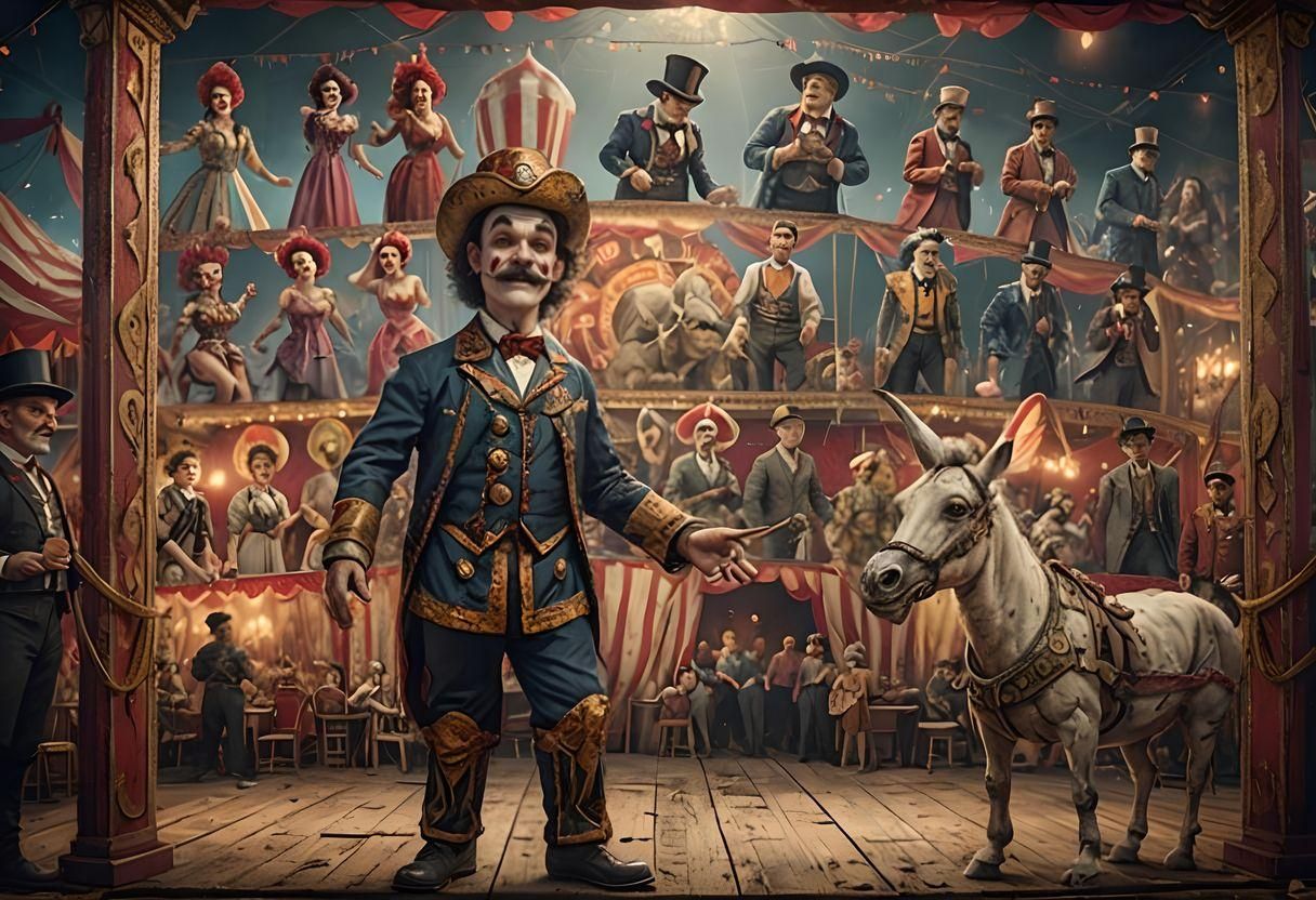 Inside of old time circus with plenty of people with beautiful faces